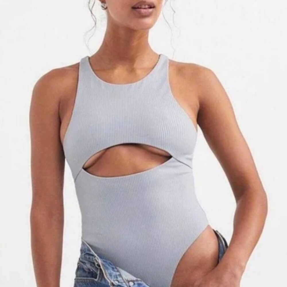 For Love & Lemons Size Large Gray Ribbed Cut Out Key Hole One Piece Swimsuit